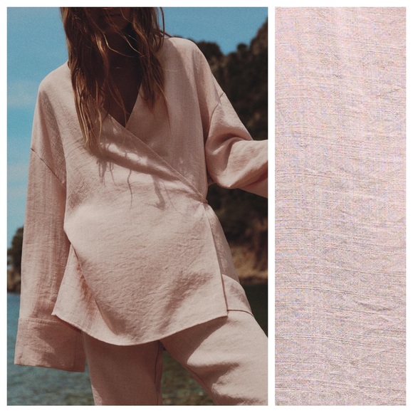 NWT. Zara Chalk Pink Viscose Blend Textured V-Neck Wrap Kimono. Size M-L. - Picture 3 of 13